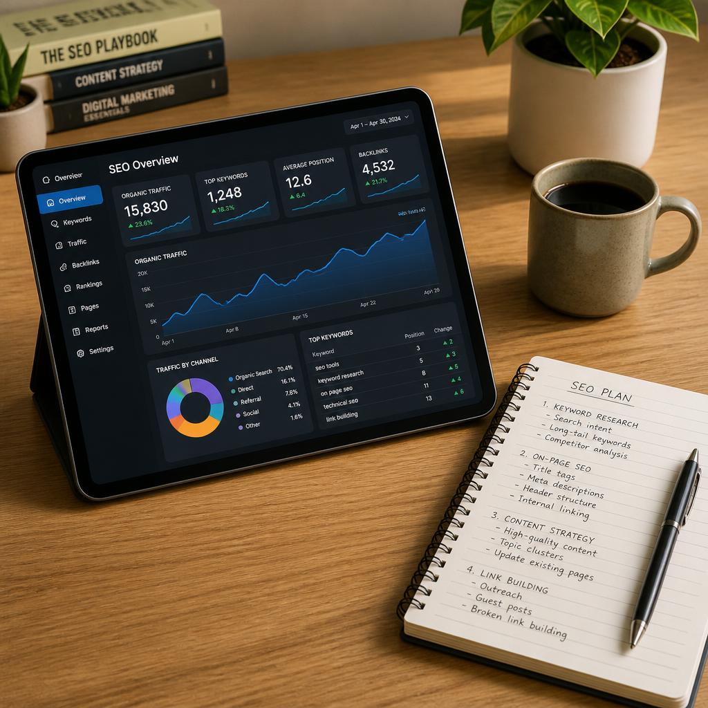 A clean wooden desk with a tablet displaying colorful SEO growth charts and graphs, next to a notebook with handwritten notes and a pen, no people visible